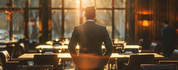 Confident businessman standing in modern office space with large windows.