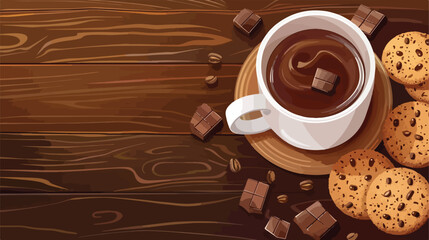 Cup of hot chocolate and cookies on wooden background
