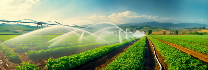 sprinklers attached to the pipeline, distributing water evenly across a large field. Generative AI