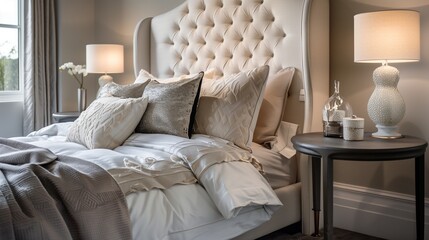 A bedroom with a stunning, oversized headboard, a chic bedside table, and a designer table lamp