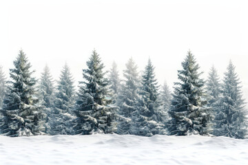 Fototapeta premium Capture the quiet beauty of a snow-covered evergreen forest, with tall trees standing tall against a backdrop of pristine white snow. The minimalist composition, with just the trees and snow.