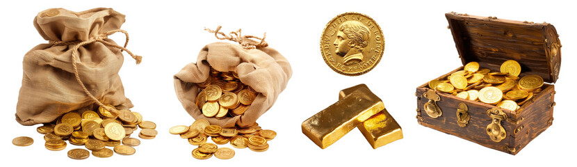 金貨と黄金5種類、金貨、黄金、宝箱、宝袋、背景透過

