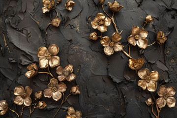 Golden butterflies and flowers on textured black plaster background. Detailed stucco relief with floral designs in classical style