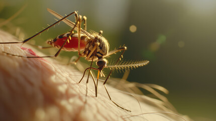 Macro photography of a mosquito on a human arm, biting and sucking blood. Bloodsucker parasite, camping and summer problem. Anti mosquito, repellent background. 