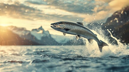 Obraz premium Salmon leaping out of the water Its powerful muscles propelled it into the air.