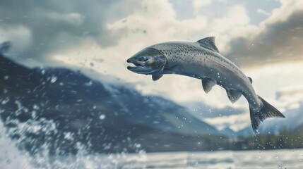 Fototapeta premium Salmon leaping out of the water Its powerful muscles propelled it into the air.
