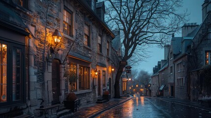 A beautiful European street with a tree in the foreground and several buildings in the background