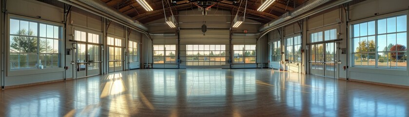 A large, empty room with a polished concrete floor and large windows. The room is lit by natural light.