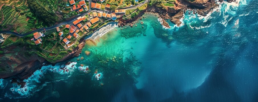 Aerial drone view of Seixal, coastal town on the North of Madeira Island, Portugal.