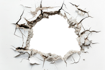 Light cracked wall. Broken wall with white isolated hole in center