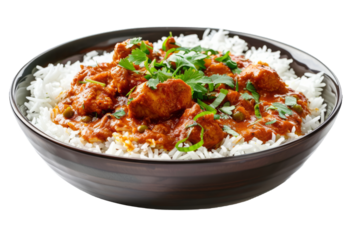 Tikka masala curry chicken served over rice in bowl isolated on transparent background. Traditional Indian food