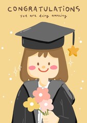 cute girl graduate with flower on congratulations card, illustration card