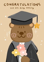 Fototapeta premium cute teddy bear graduate with flower on congratulations card, illustration card