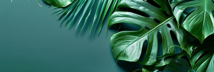 green tropical leaves in green color with background copy space