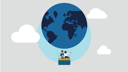 afro-amerikanischer herkunft, ein heißluftballon in form einer weltkugel. dieser symbolisiert die entwicklung unseres planeten durch positives menschliches verhalten