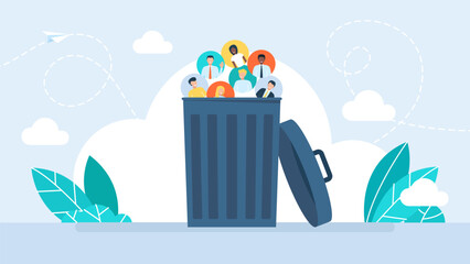 Virtual friends in the trash can. Social network icons. Digital lifestyle, Loneliness, Internet solitude concepts. Digital detox concept.  Refuse gadgets and social networks. Vector illustration