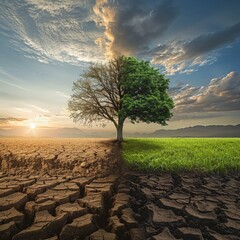 Make a realistic and breathtaking image where left half represents a dry and barren land end the right half represents green nature and prosperity In the middle there's a tree that