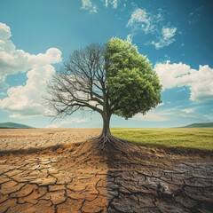 Make a realistic and breathtaking image where left half represents a dry and barren land end the right half represents green nature and prosperity In the middle there's a tree that