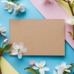 Mockup blank greeting card, colorful background, white flowers