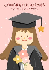 cute girl graduate with flower on congratulations card, illustration card