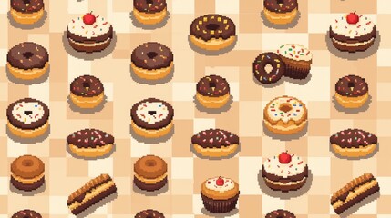 Pixel art seamless pattern of donuts, cakes, and cupcakes.