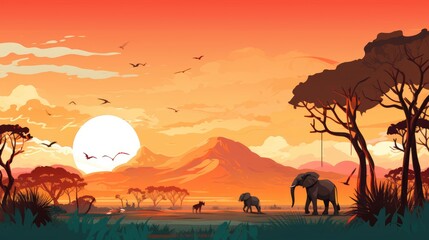 Safari adventure photo realistic illustration - Generative AI. Savannah, elephants, tree, sunset.