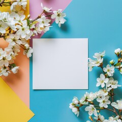 Mockup blank greeting card, colorful background, white flowers