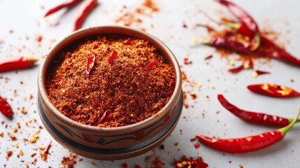 Spicy Symphony: A Vibrant Mix of Ground Peppers and Fiery Chili on a Light Background