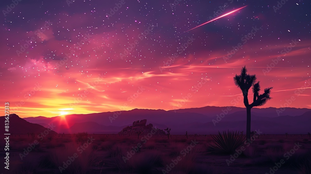 Poster A beautiful desert landscape with a starry night sky. The warm colors of the sunset sky and the bright stars create a stunning scene.