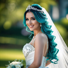 Portrait of smiling happy bride in white long dress and veil