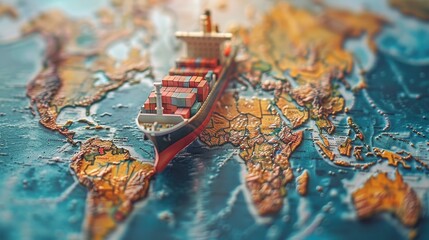 A small ship is on a map of the world