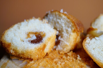 Sliced muffins on the table. Sweets.