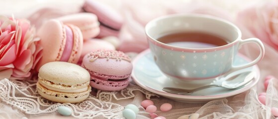 collection of pastel colored macarons and tea cups on a delicate lace tablecloth, high tea theme