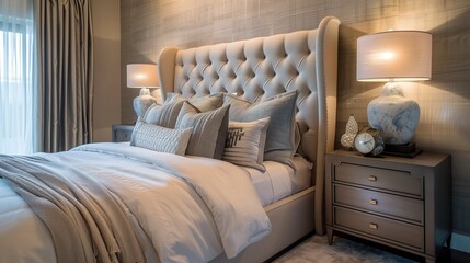 A bedroom with a stunning, tufted headboard, a chic nightstand, and a contemporary wall sconce