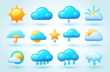 A vibrant collection of weather icons depicting sunny, rainy, and partly cloudy conditions