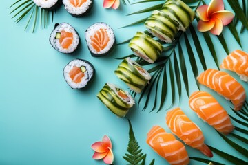 Sushi set with large pieces of salmon. on a tropical bright background.