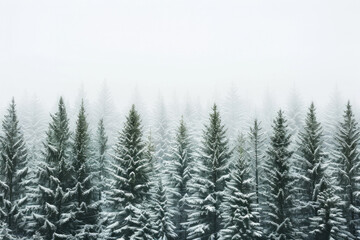 Capture the quiet beauty of a snow-covered evergreen forest, with tall trees standing tall against a backdrop of pristine white snow. The minimalist composition, with just the trees and snow.