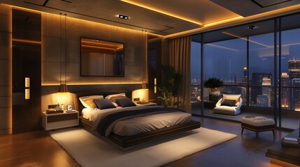 A contemporary luxury bedroom with smart home features, ambient lighting, and sleek furniture