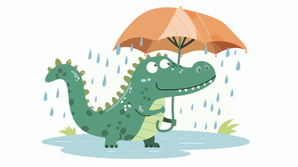 Cute happy crocodile walking under umbrella in rainy