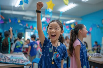 excited kid at stem camp. generative ai