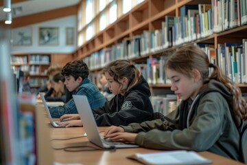 children use the laptops in the library. generative ai
