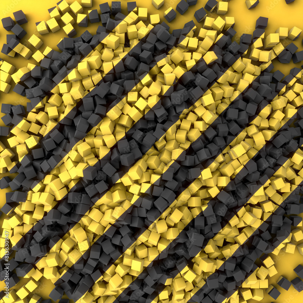 Fototapete A pattern of alternating black and yellow stripes made up of small cubes. 3d rendering digital illustration