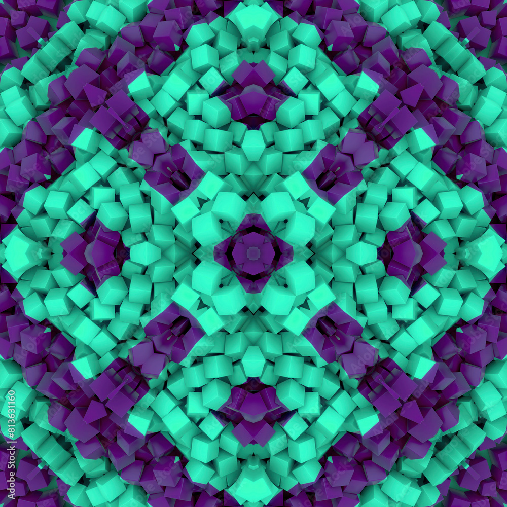 Poster 3d rendering illustration of a symmetrical geometric pattern of randomly scattered cubes