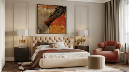 A luxury bedroom with a neutral color palette, accented by a bold, abstract painting