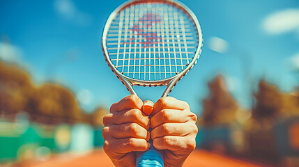 Tennis triumph, racket raised high