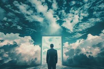 A man stands in front of a large open door in a cloudy sky