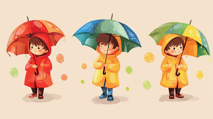 Cute little boy in raincoat and with umbrellas on light