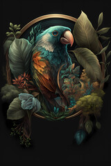 Vibrant parrot amidst foliage and flowers in dark setting.