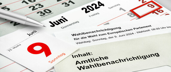 Amtliche Wahlberechtigung für die Wahl zum Europäischen Parlament in Deutschland und Kalender 9. Juni 2024 © PhotoSG