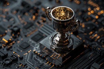 Glowing Trophy on a Circuit Board Background
